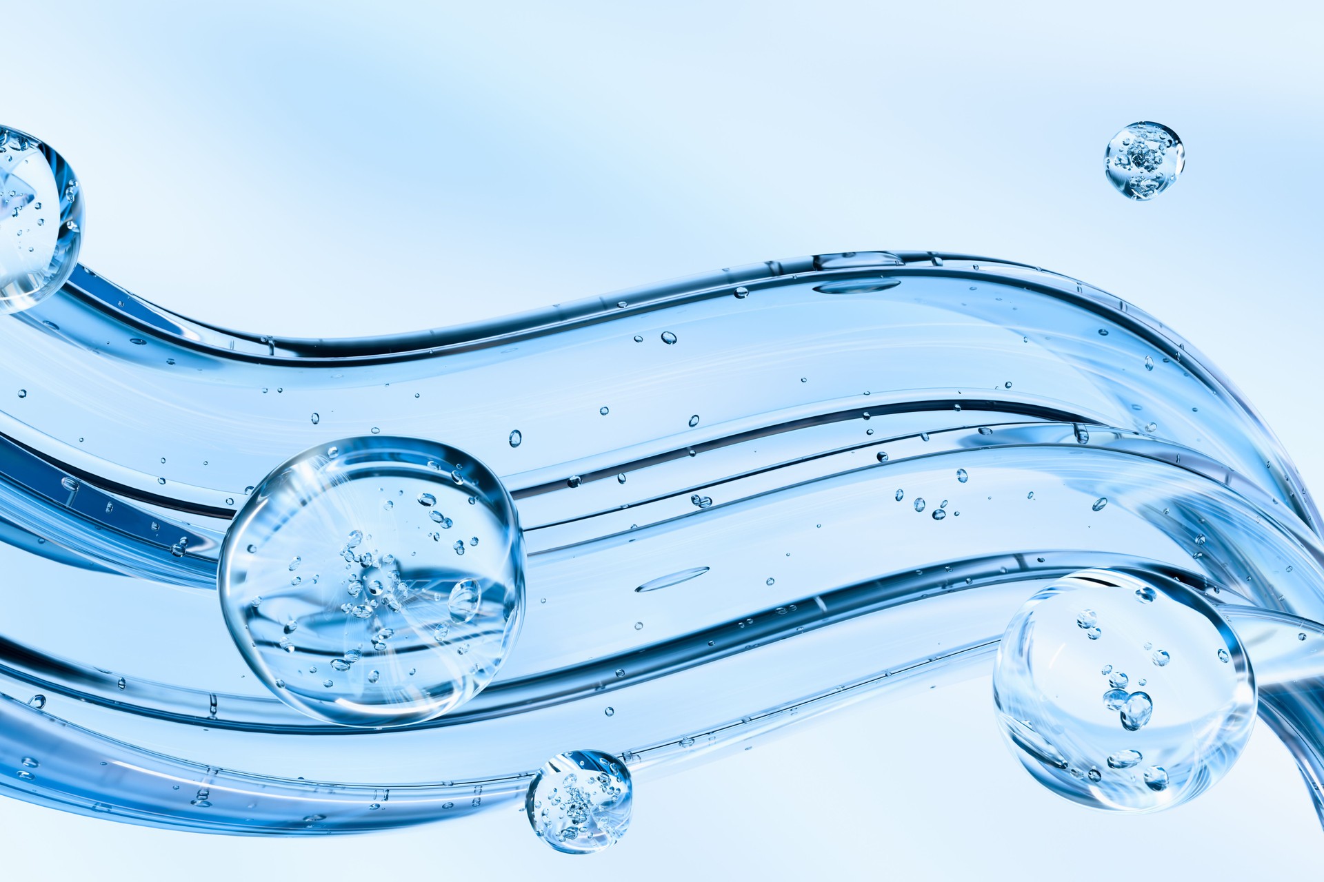 Transparent cosmetic gel texture with air bubbles in blue tones. Perfect for skincare, beauty products, serum ads, or medical and laboratory-related content. Clean and modern background.